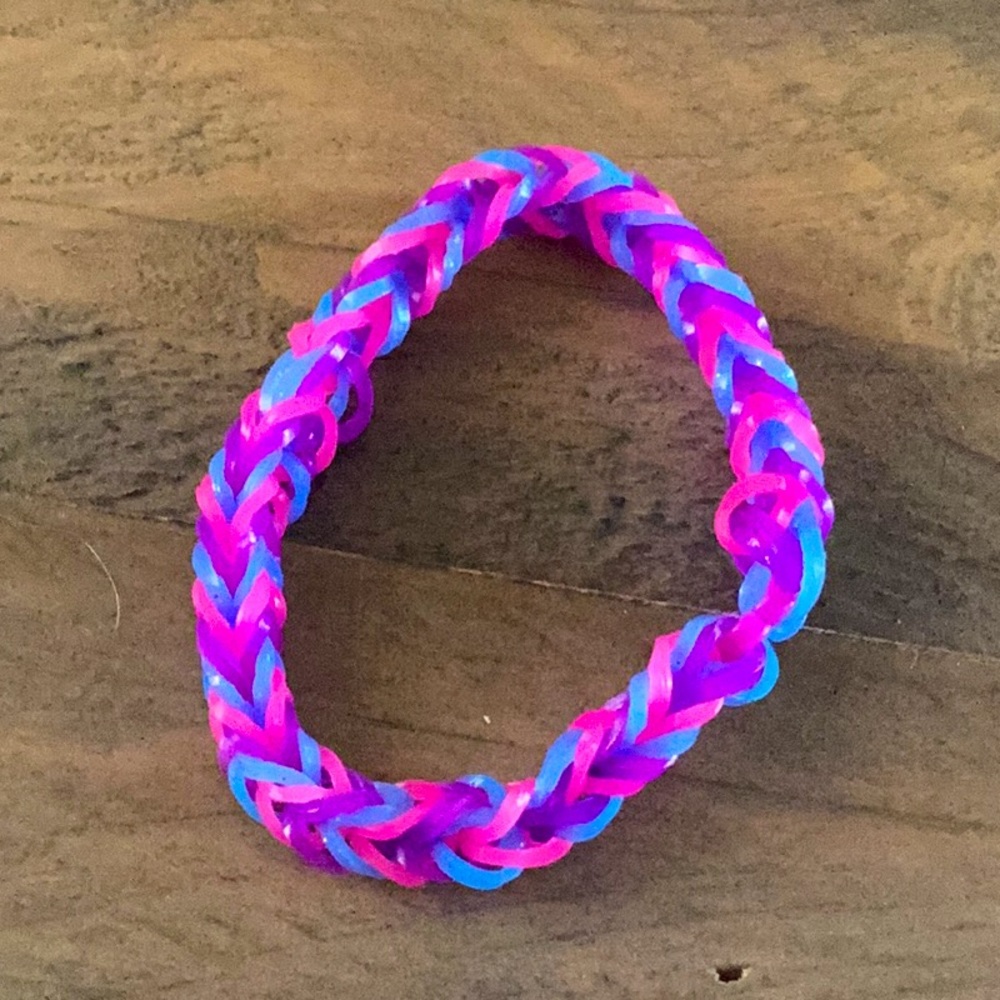 Rainbow loom bracelet, pink, purple and blue